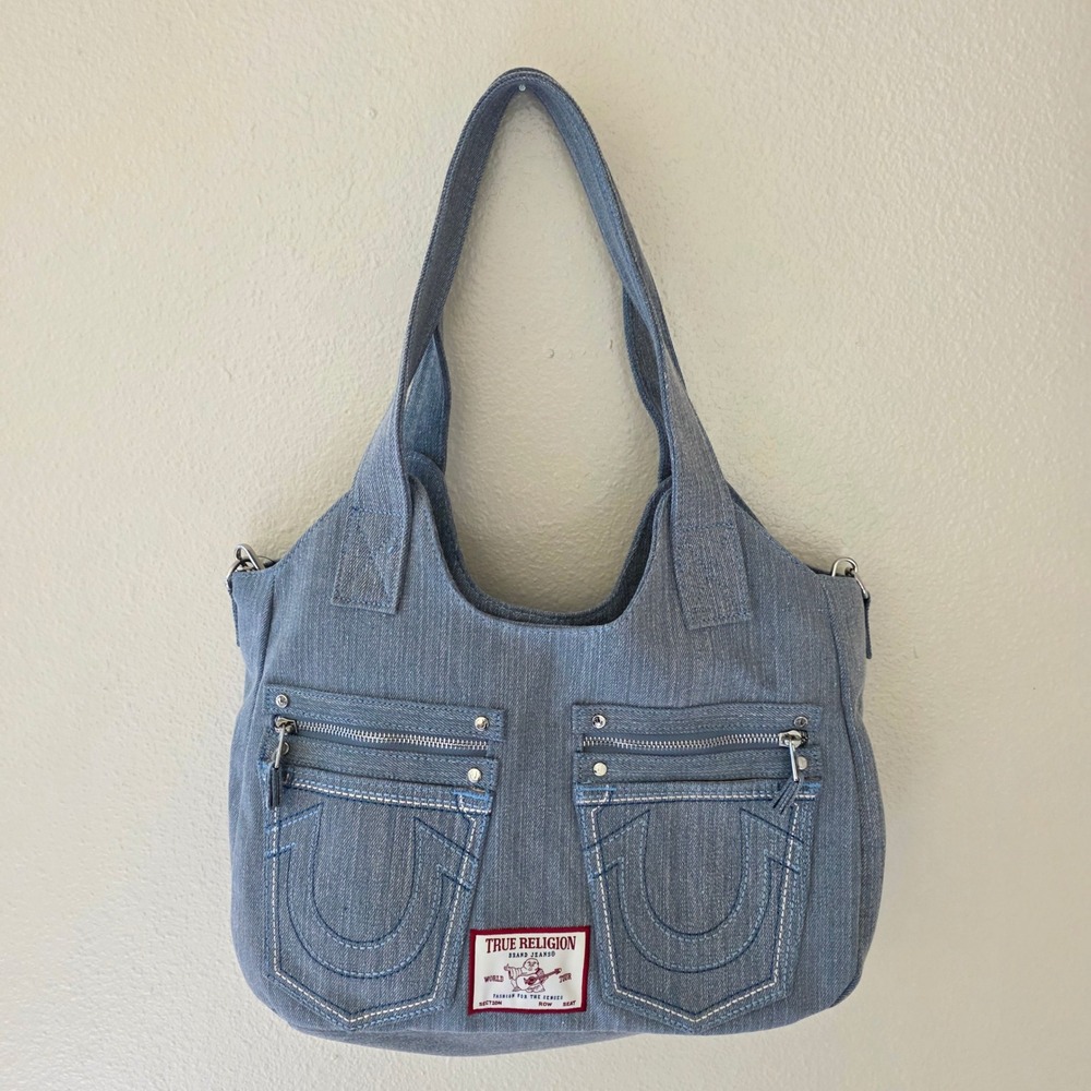 True Religion Denim Shoulder Bag Light Wash Horseshoe Pocket Crossbody Tote Y2K